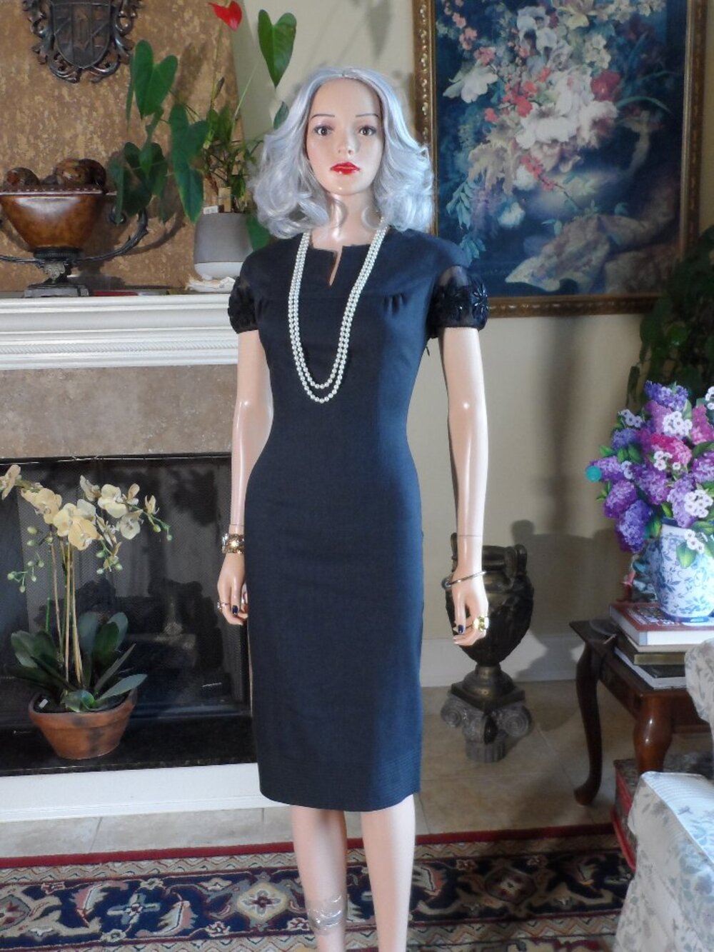 Blumarine Black Virgin Wool Sheath Dress w/ Beaded Puff Sleeves Size IT 42 US 6